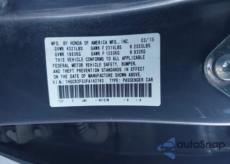 2015 Honda Accord from USA, damaged, VIN 1HGCR2F50FA142743
